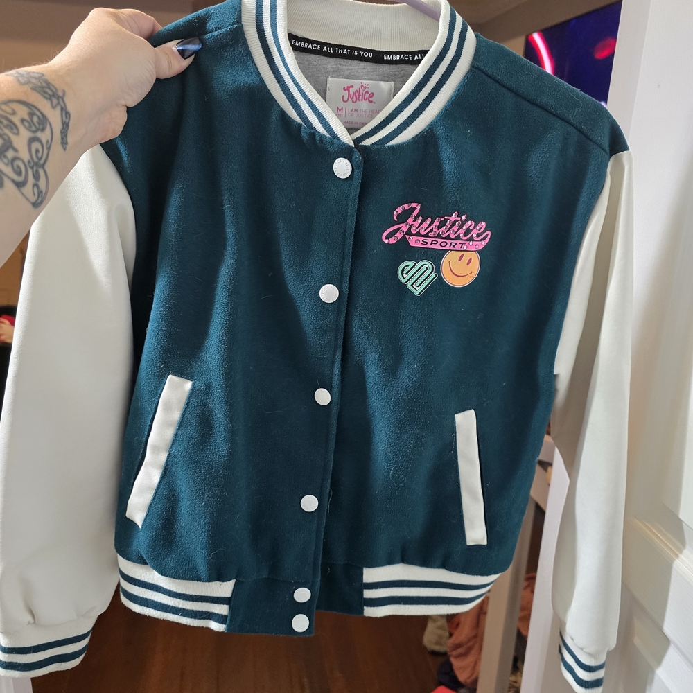 Justice Sporty Teal & White Varsity Jacket